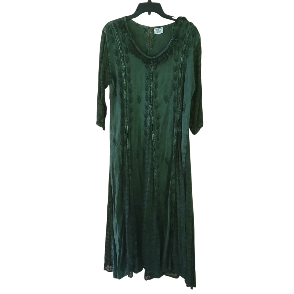 Sundance Vintage Green 3/4 Sleeved Embroidered Rayon Maxi Dress Free Size